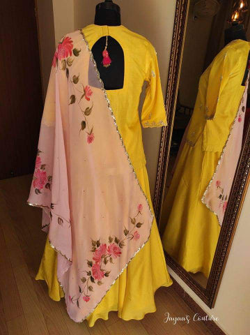 Yellow short kurti with skirt and dupatta
