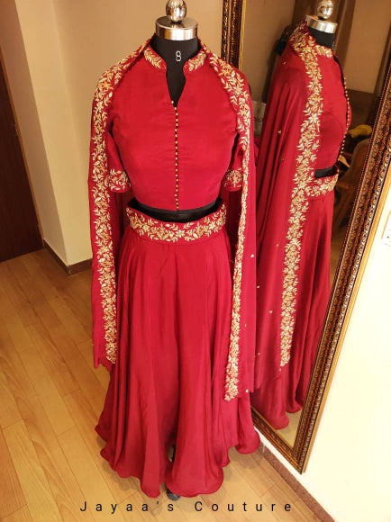 Marron skirt blouse and shrug style dupatta