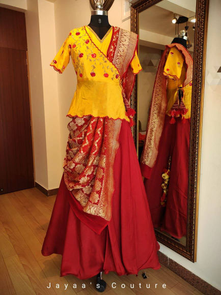 Marron skirt with mustard yellow peplum blouse and Ghatchola dupatta