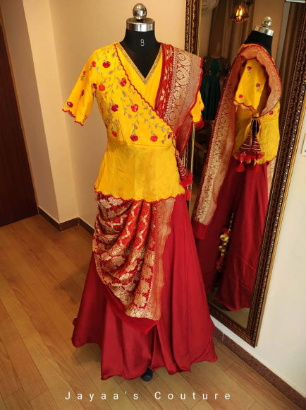 Marron skirt with mustard yellow peplum blouse and Ghatchola dupatta