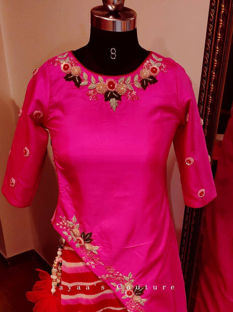 Hot Pink Kurta With Hand Embroidered Detailing paired with Leheriya Skirt
