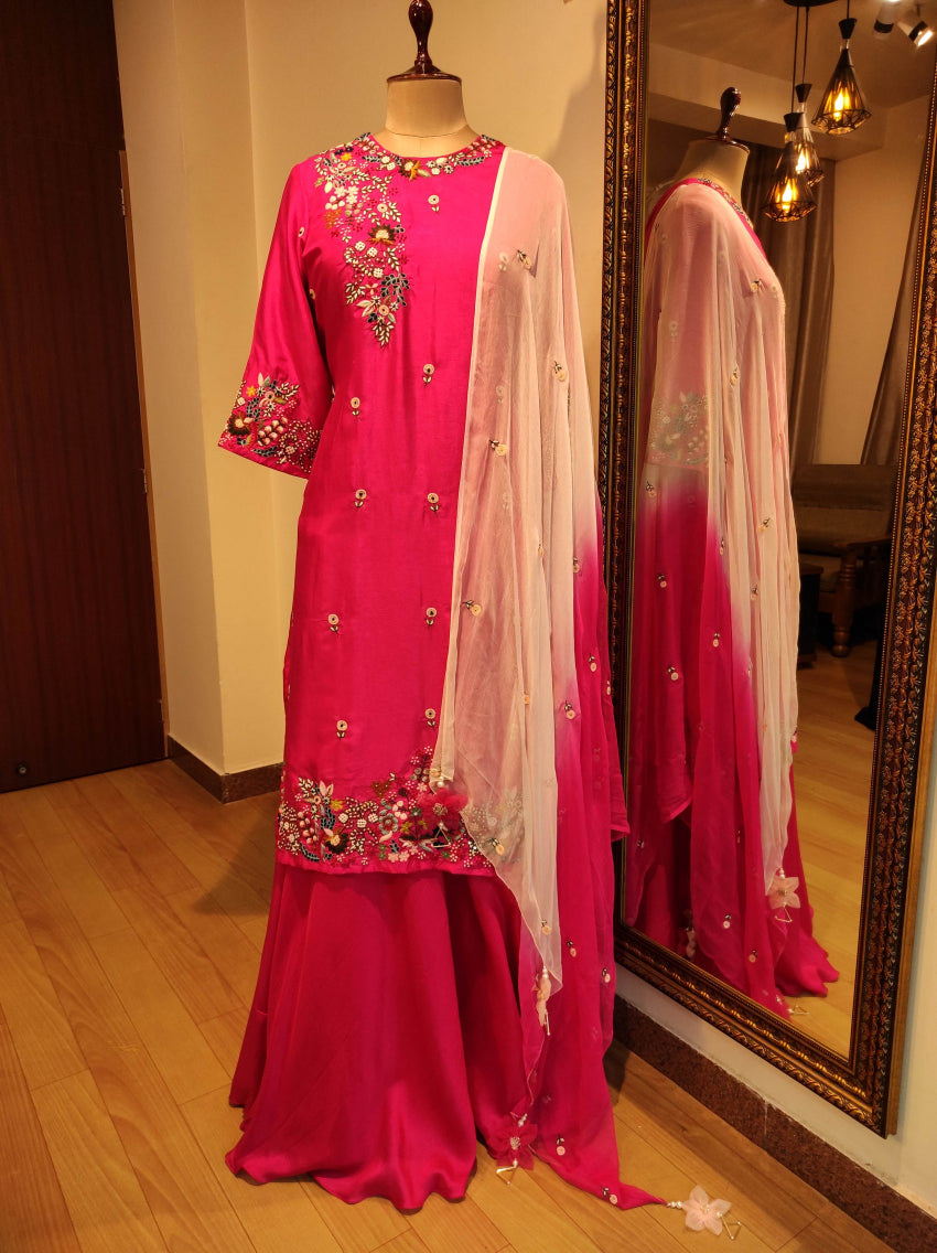 Fuscia pink kurta with skirt & dupatta