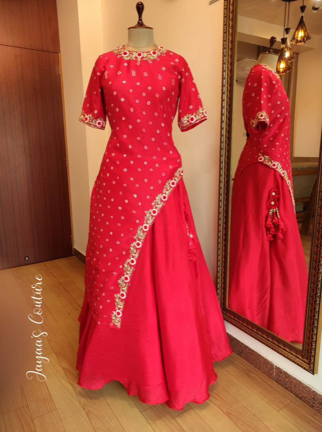 Red bandej kurta with skirt and dupatta