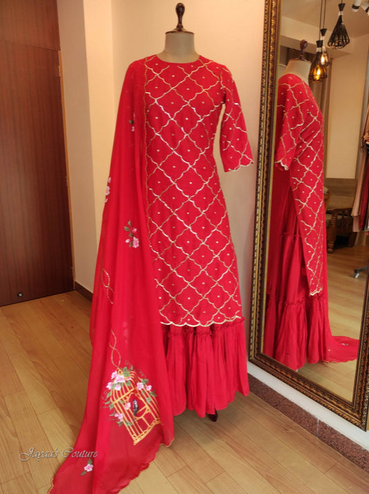 Red kurta skirt with hand painted dupatta