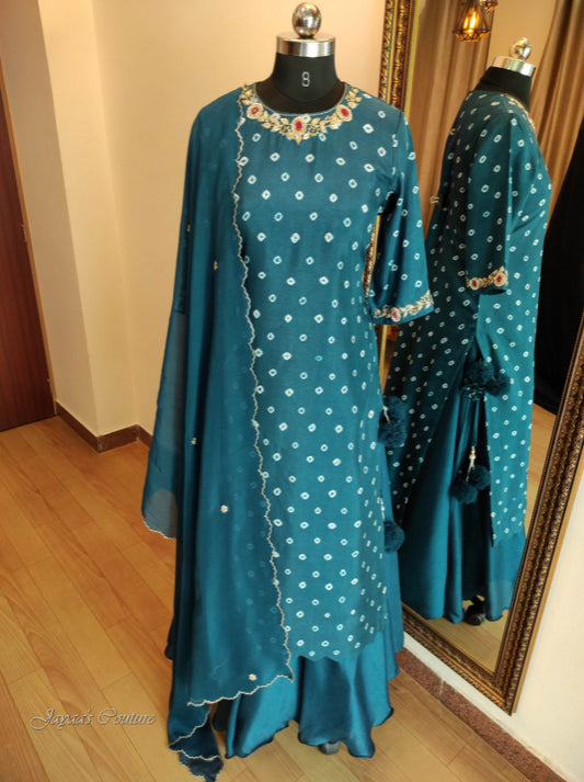 Turquoise green bandhani kurta skirt & dupatta