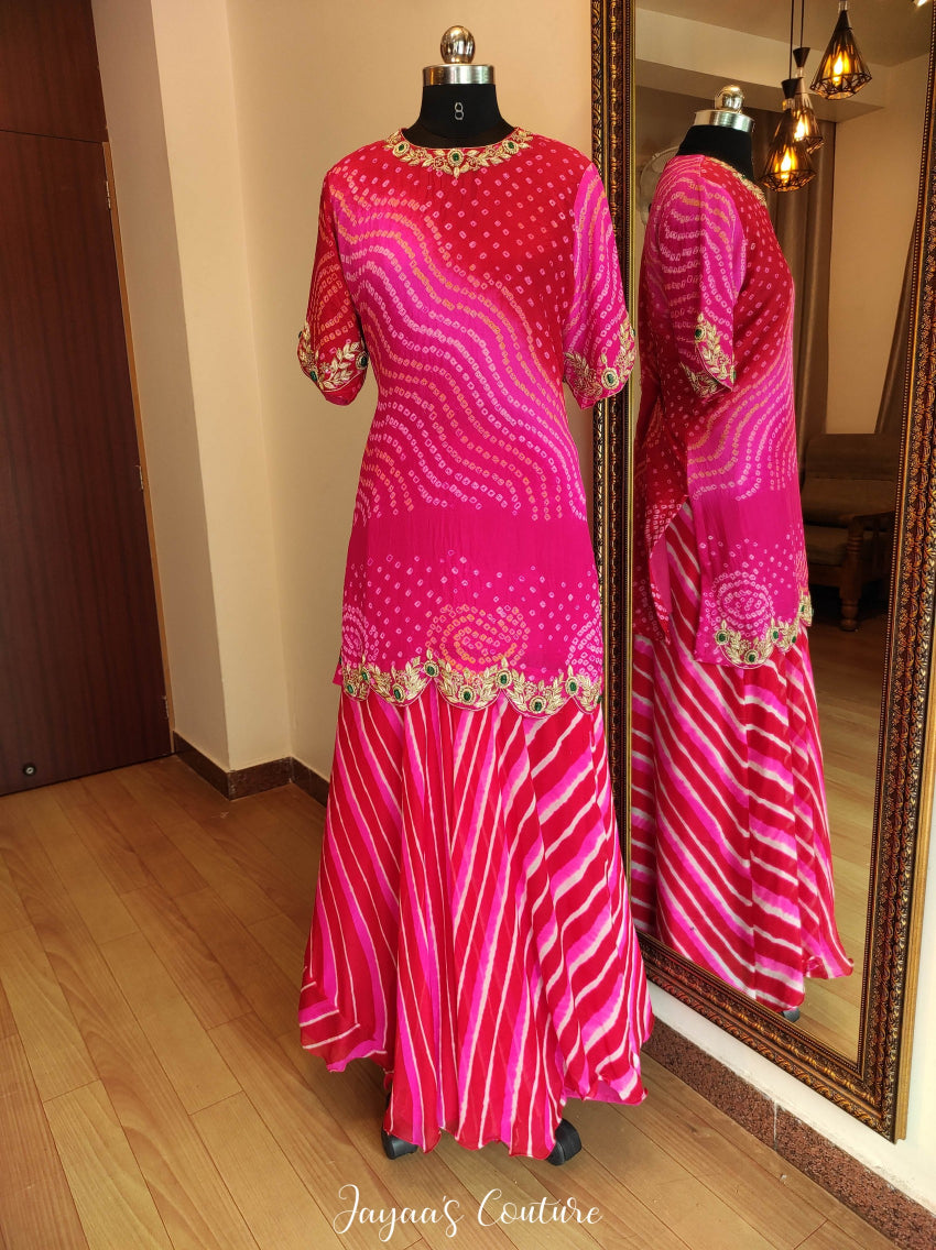 Bandhani kurta with leheriya skirt & dupatta