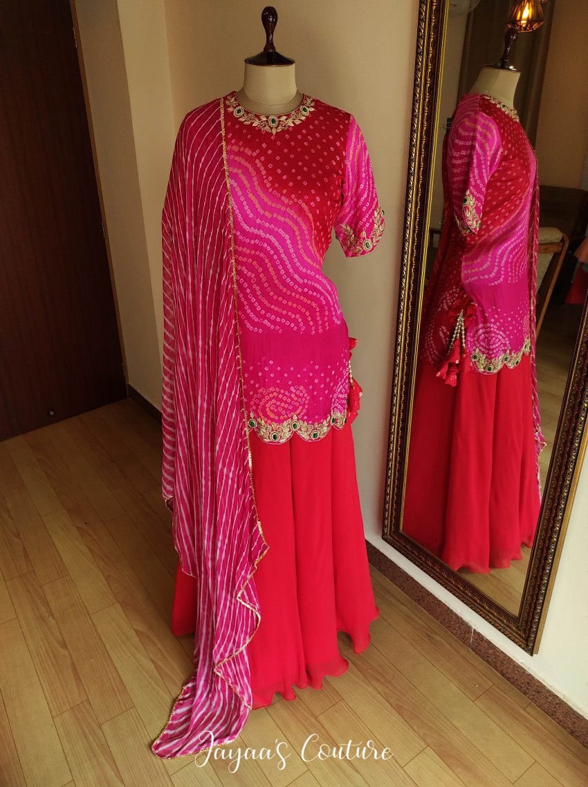 Fuscia pink bandhani kurta with skirt & dupatta