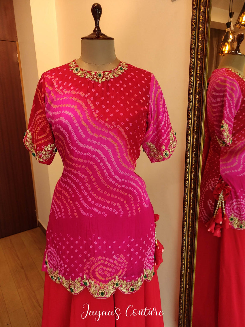 Fuscia pink bandhani kurta with skirt & dupatta