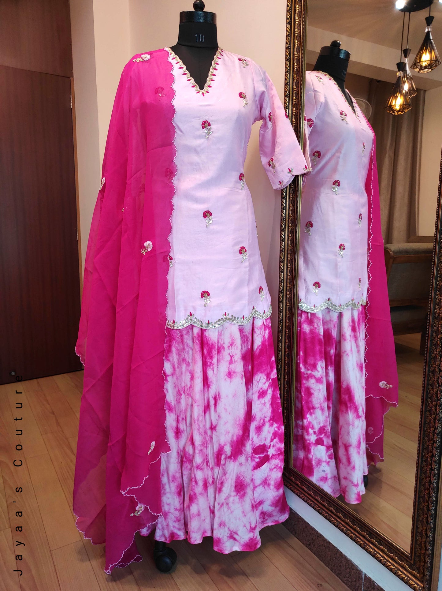 Pink kurta with tie and dye skirt with dupatta