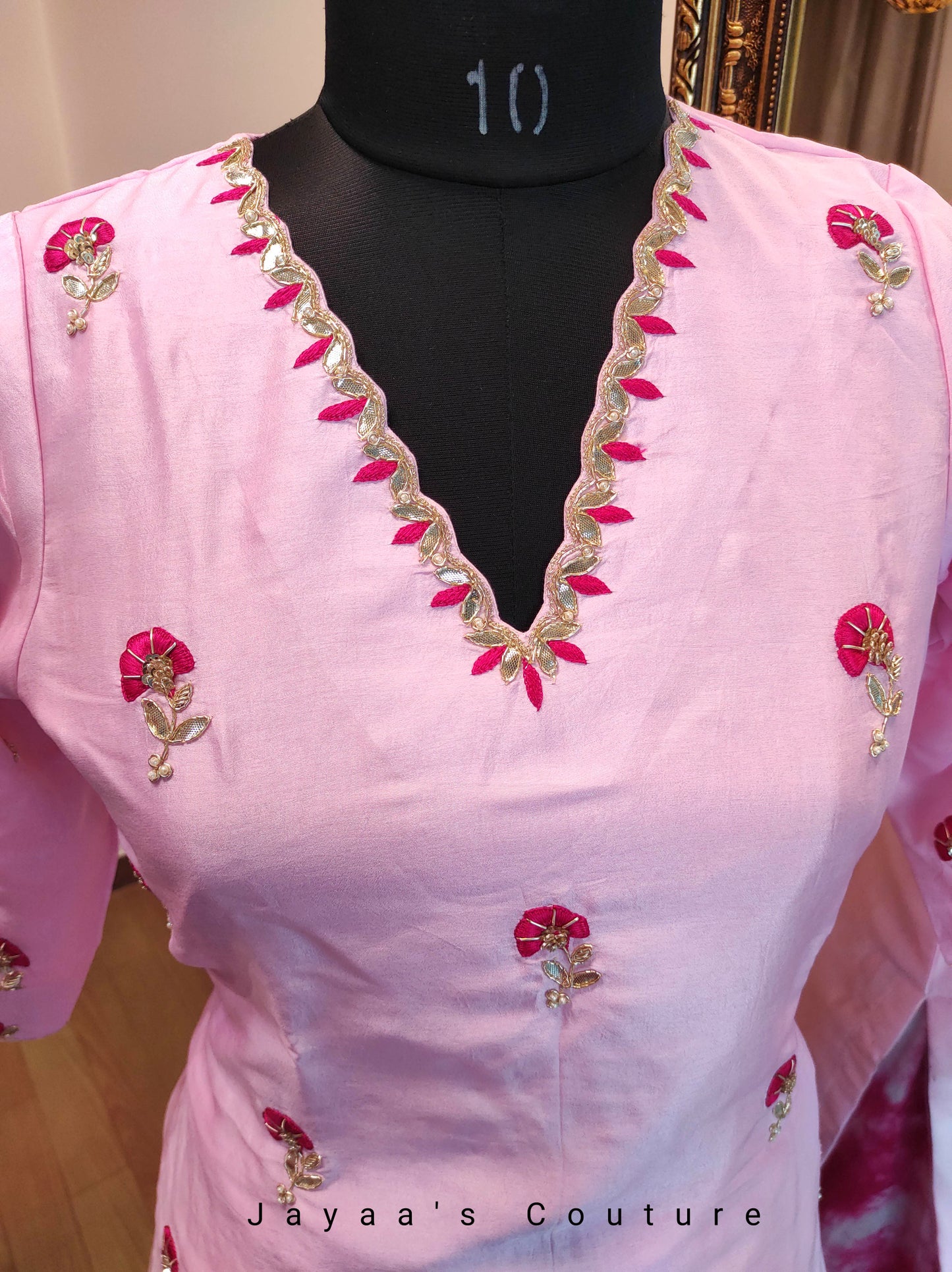 Pink kurta with tie and dye skirt with dupatta