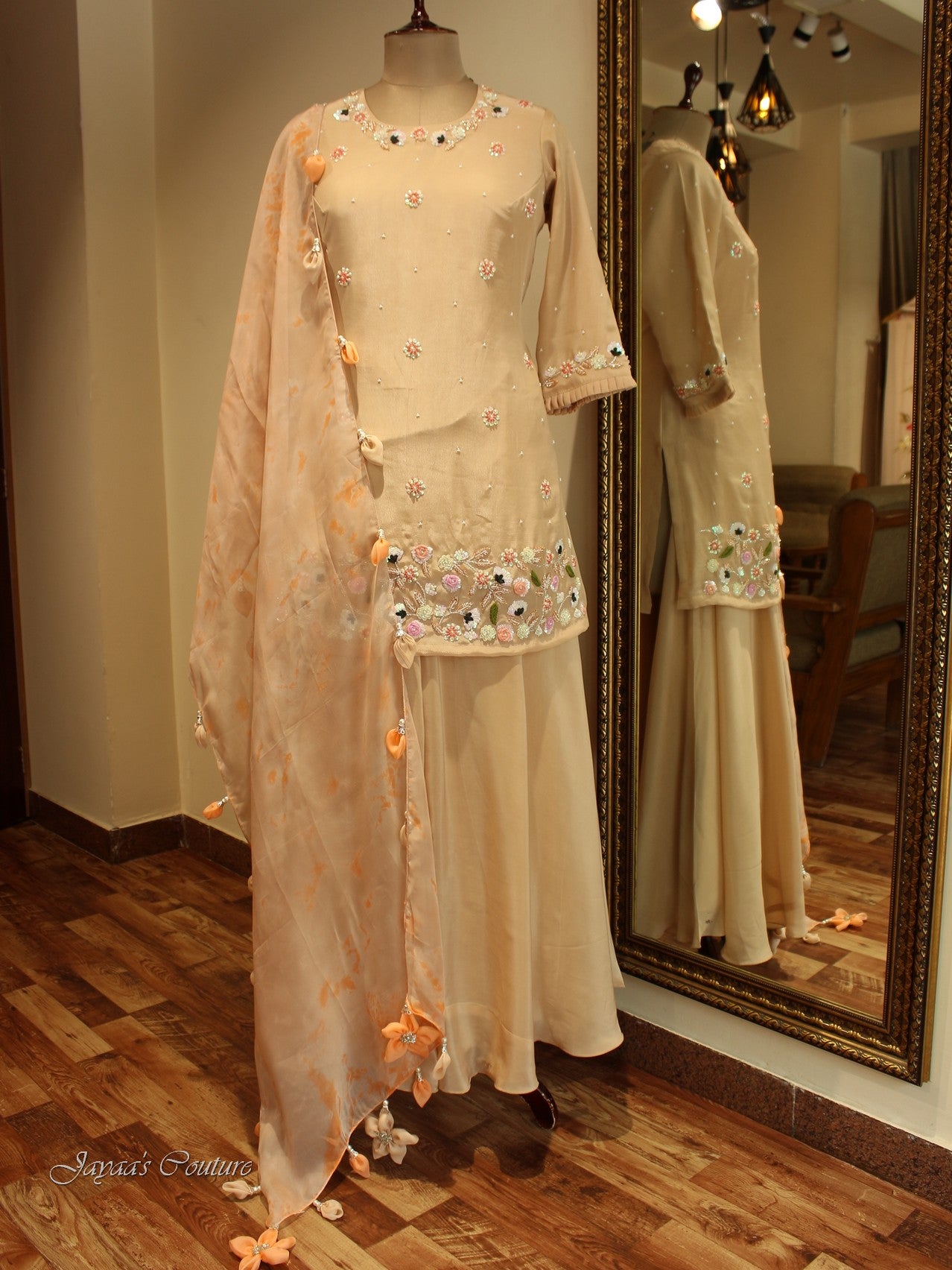 Dusty peach short kurta with flared plazo dupatta