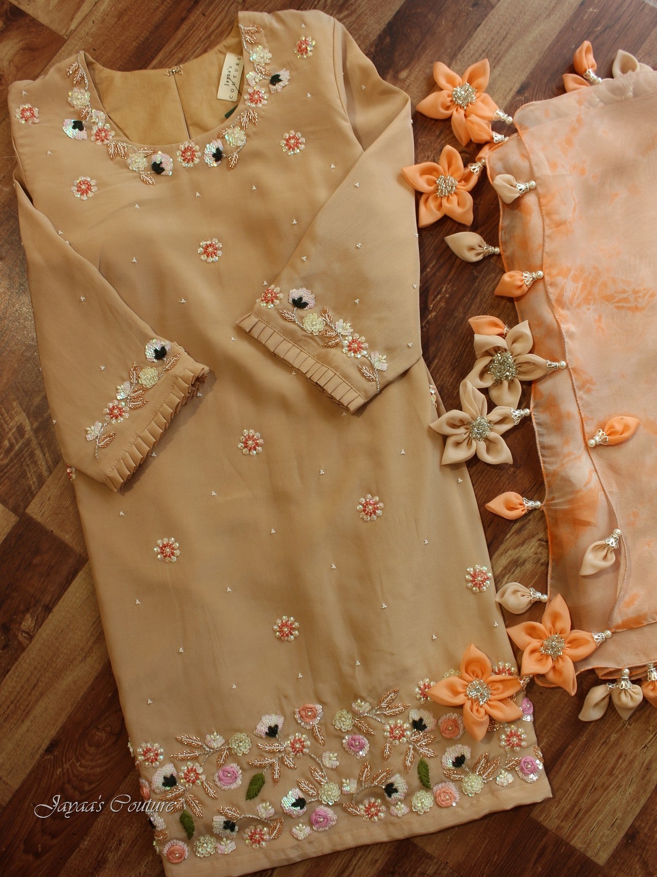 Dusty peach short kurta with flared plazo dupatta