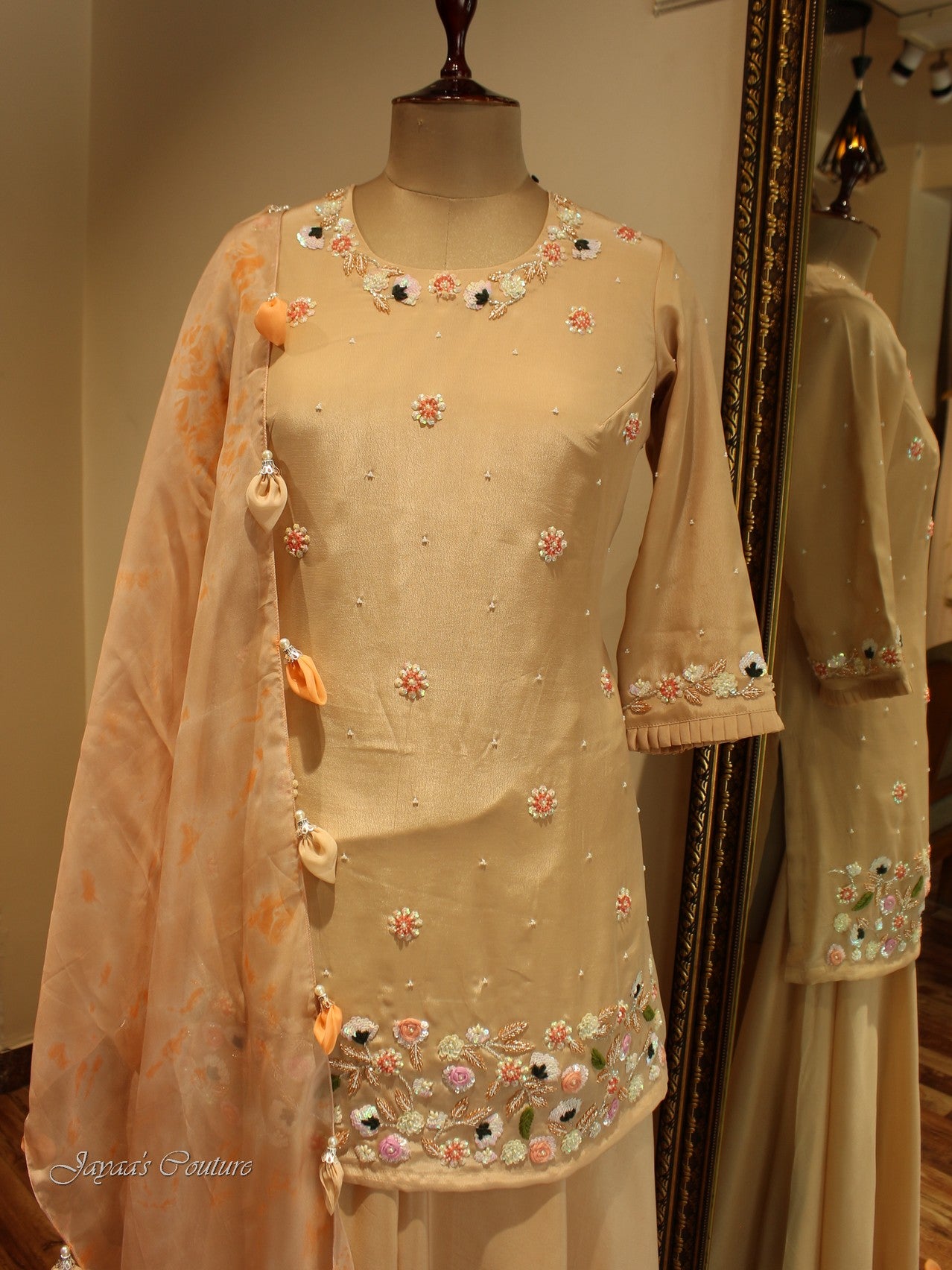 Dusty peach short kurta with flared plazo dupatta