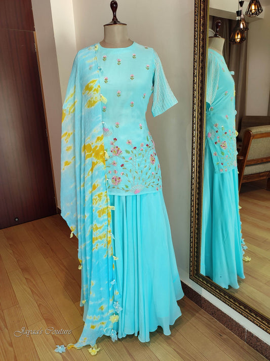 Pastel sky blue kurta with skirt & dupatta