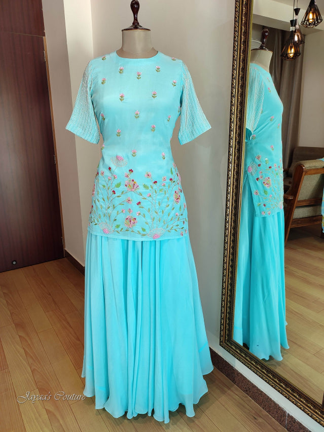 Pastel sky blue kurta with skirt & dupatta