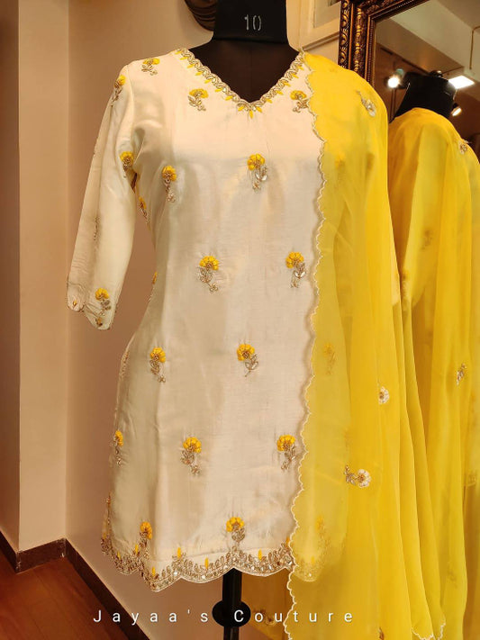 Off white Lemon Yellow Skirt Kurta Dupatta set