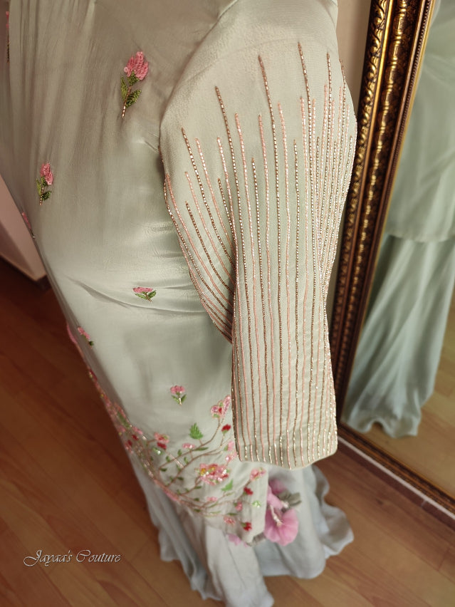 Pastel grey short kurta with skirt & dupatta