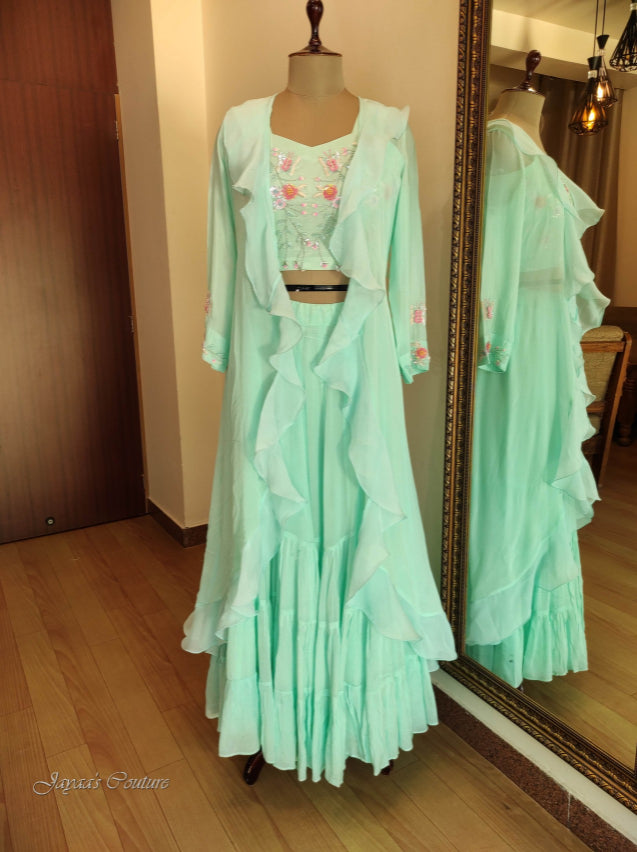 Pastel Sea green frill skirt with crop top & Jacket