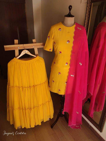 Yellow kurti skirt with dupatta