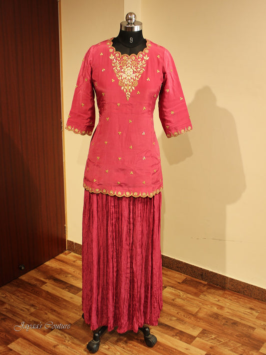 Maroon kurta with Crushed skirt and dupatta