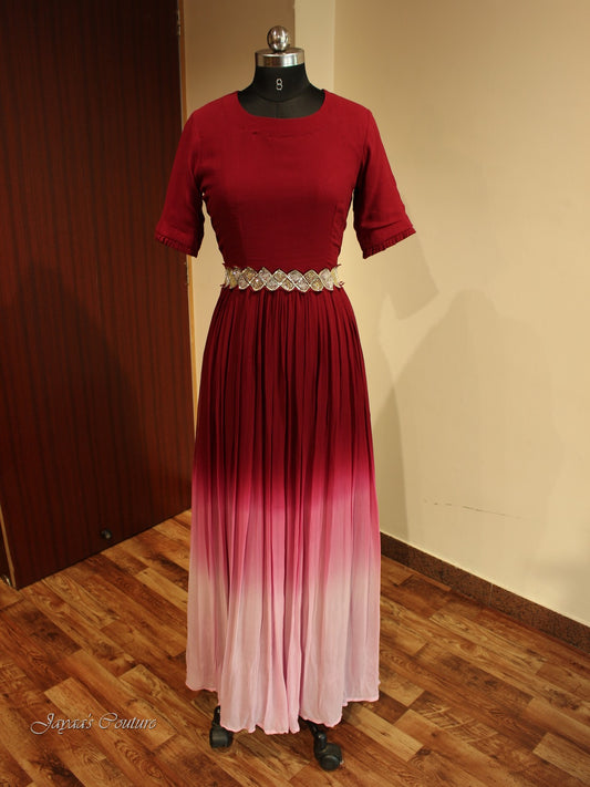 Maroon Shaded gown with belt